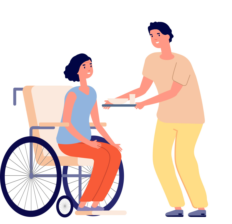 Volunteer provides food tray to patient