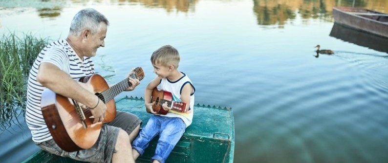 Man with child playing guitar